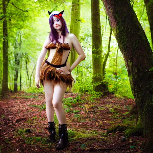 Image similar to girl in her early 20s in a forest nymph costume, short colored hair, cosplay, naturist, portrait photography, digital, photoshop, Helios 44-2, high definition, award winning, 4K UHD