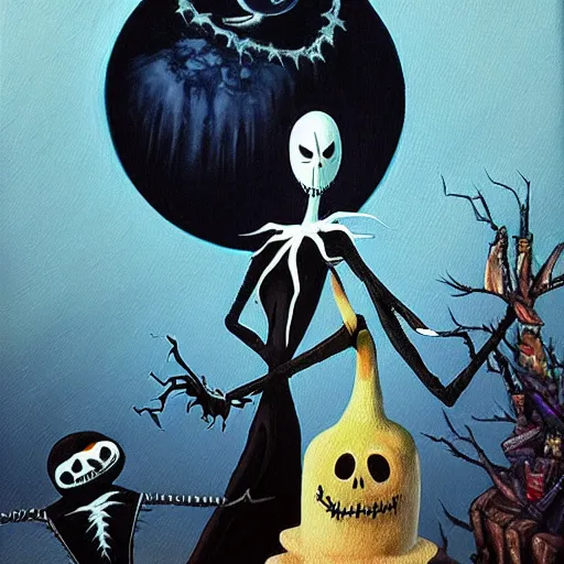 Image similar to “ a nightmare before christmas, jack skellington dances with sally, dystopian desert christmas, award winning, in the style of paul bonner, oil on canvas. ”