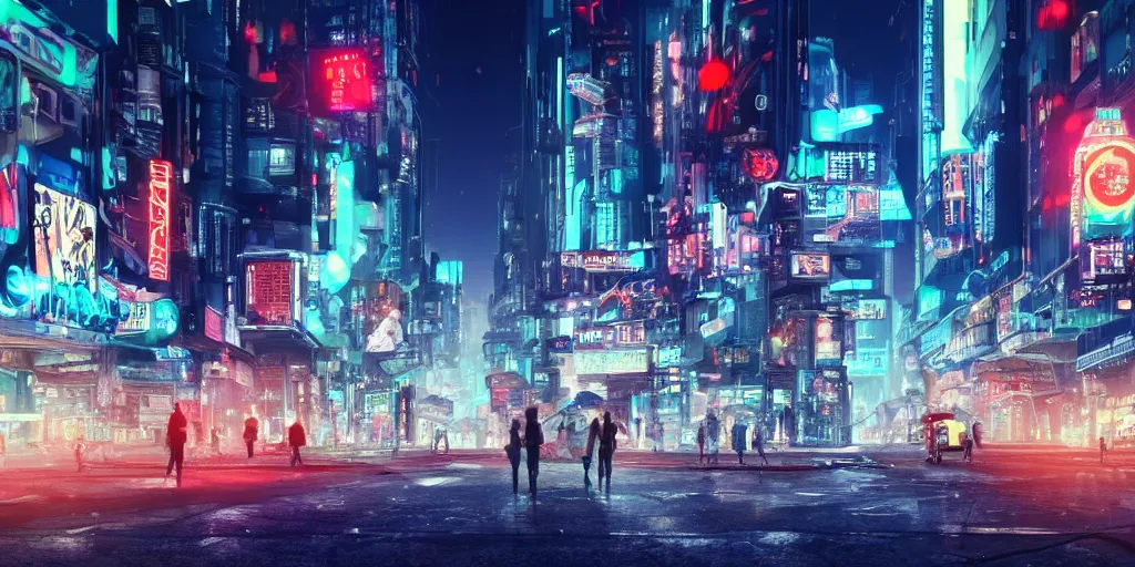 Image similar to a cyberpunk style busy city Main Street with neon signs, stormy weather, futuristic flying cars, and many people