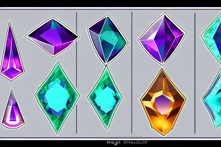 Prompt: design sheet of various magic gems and crystals, prismatic
