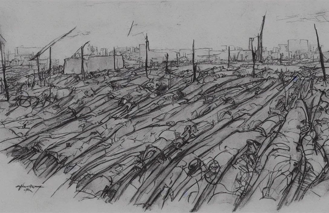 Image similar to milt kahl sketch of world war 1 trenches with the city of miami in the background