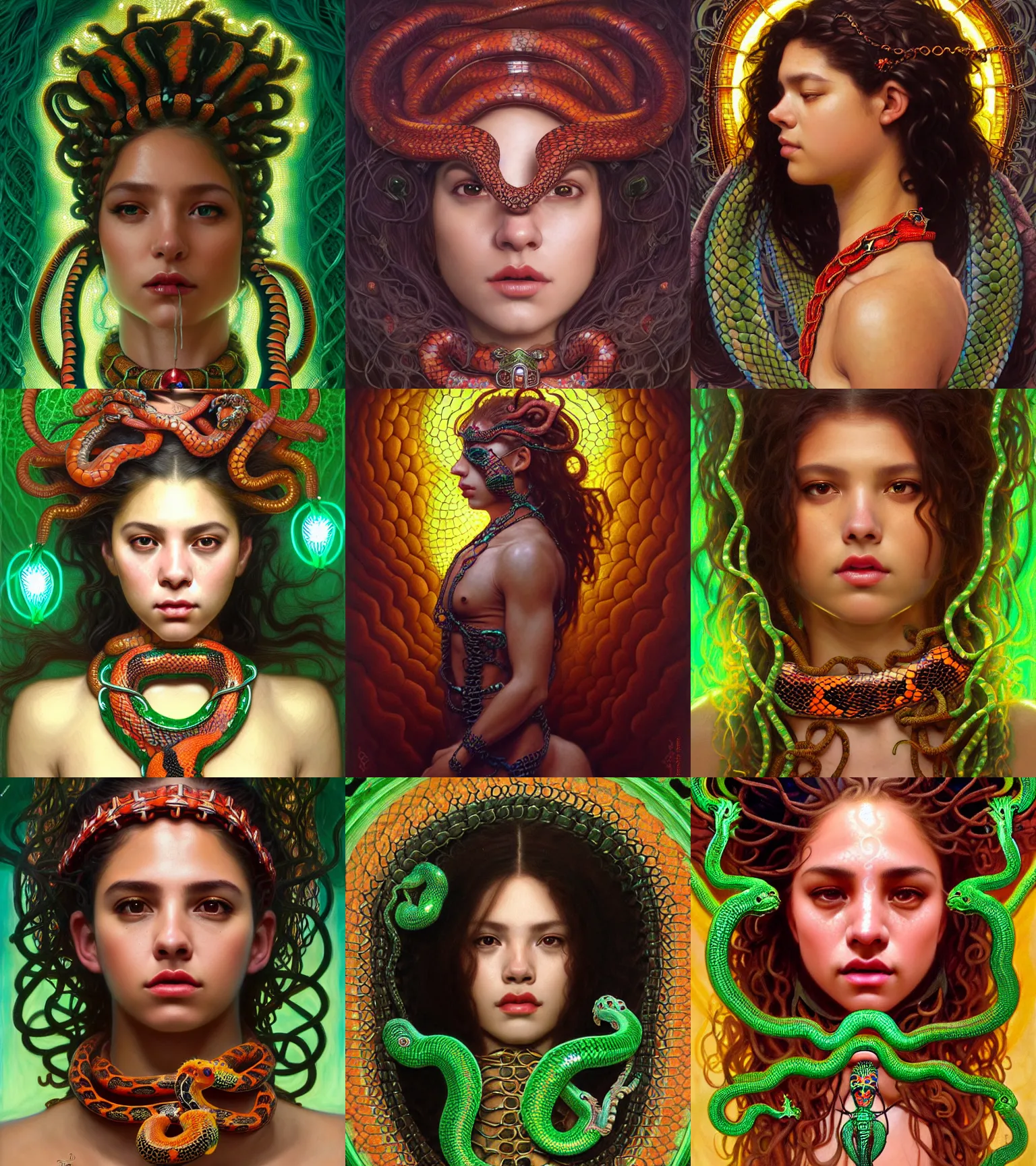Prompt: portrait of hispanic teen medusa, cocky smirk, coral snakes grow from her head, snakeskin harness, snakeskin background, intricate, elegant, emerald jewelry, glowing lights, highly detailed, digital painting, artstation, concept art, smooth, sharp focus, illustration, art by wlop, mucha, artgerm, and greg rutkowski