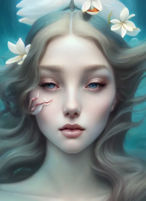 Image similar to character art of a goddess of magnolias as windy dusty underwater angelic young female | | seductive - fine - face, pretty face, key visual, realistic shaded perfect face, fine details by artgerm, wlop, tom bagshaw, james jean, andrei riabovitchev, marc simonetti, trending on artstation