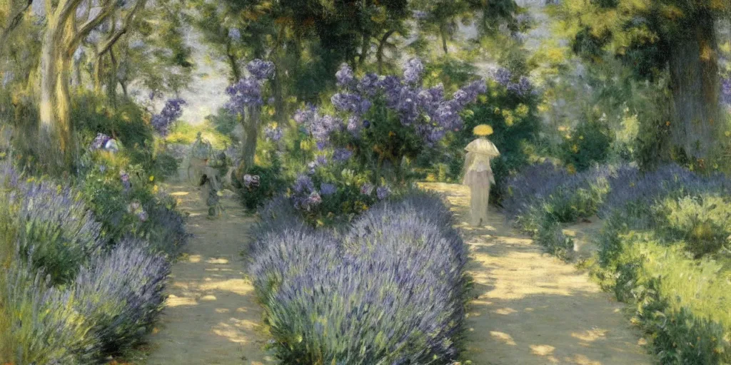 Image similar to enchanted garden, lavender and teal, pathway, flowers, high detail, matte painting, naturalism, by Émile Friant,