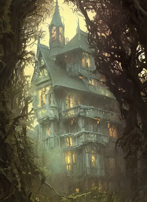 Image similar to haunted house in the middle of the woods, d & d, fantasy, intricate, elegant, highly detailed, digital painting, artstation, concept art, matte, sharp focus, illustration, hearthstone, art by artgerm, art by greg rutkowski, art by alphonse mucha