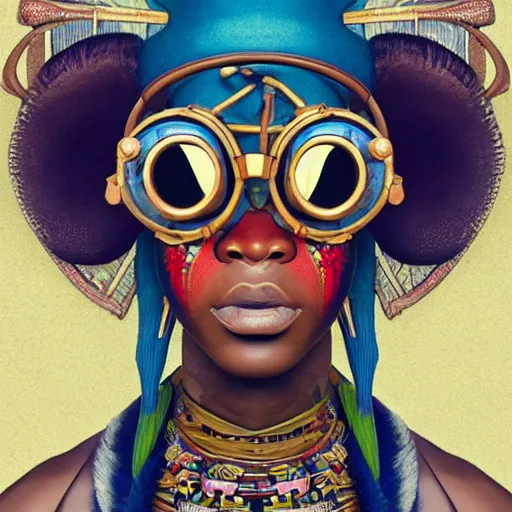 Image similar to colourful vfx upper half - portrait - art of a african tribal chief wearing steam punk goggles, art by utagawa kunisada & james jean, symmetrical, intricate detail, concept art, volumetric light, ray tracing, caricature, digital illustration, digital painting, octane 3 d render, unreal engine, sharp, pinterest, behance, art station,