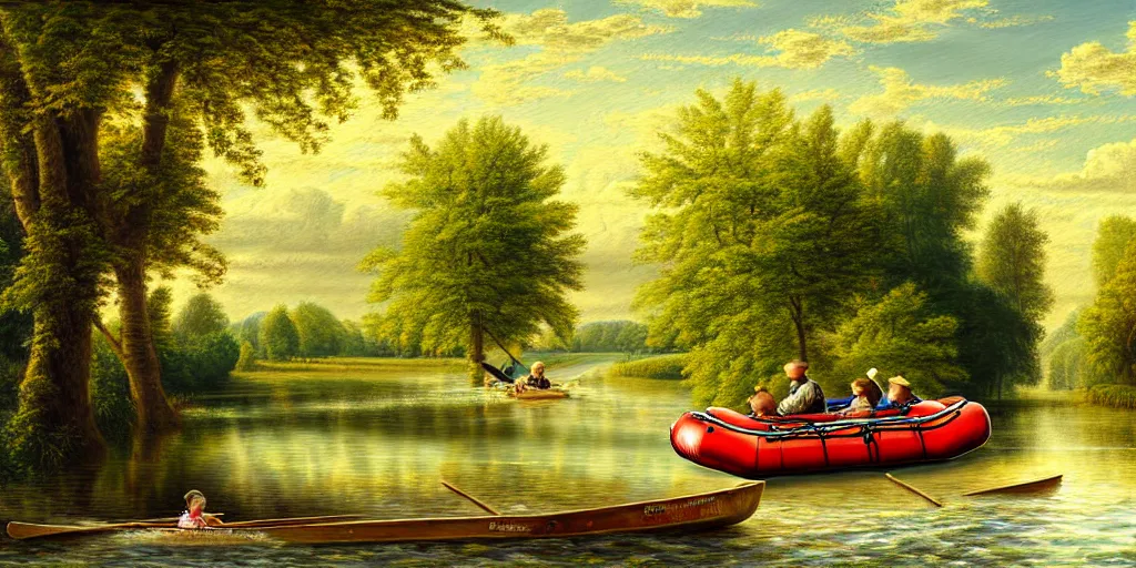 Prompt: A very detailed painting in the style of featuring a river in Europe surrounded by trees and fields. A rubber dinghy is slowly moving through the water. Sun is shining, photorealistic digital art