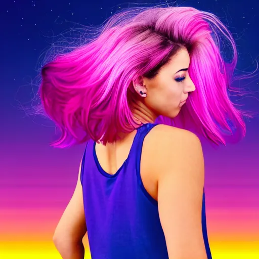 Prompt: a award winning upper body portrait of a beautiful woman in a tanktop with a ombre purple pink hairstyle with head in motion and hair flying, outrun, vaporware, vivid colors, highly detailed, fine detail, intricate