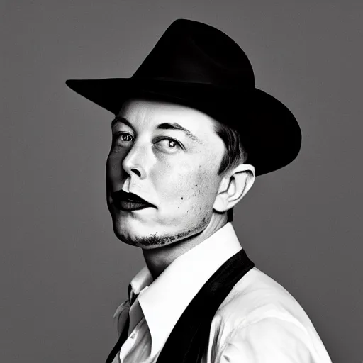 Image similar to a glamorous black and white portrait of elon musk with a hat, in the style of helmut newton