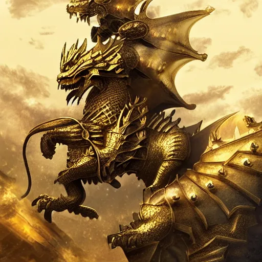 Prompt: cat and dog riding a very large golden armor dragon, medieval setting, photorealistic, dark, ominous