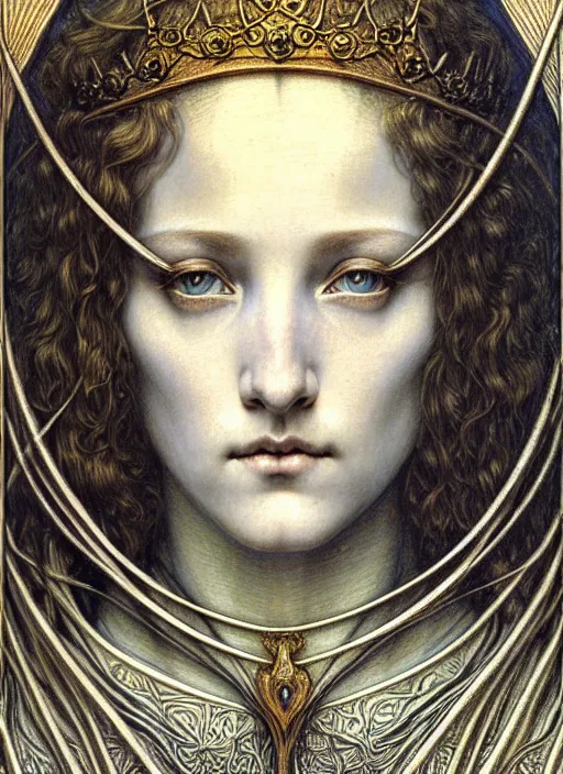 Image similar to detailed realistic beautiful young medieval queen face portrait by jean delville, gustave dore and marco mazzoni, art nouveau, symbolist, visionary, gothic, pre - raphaelite. horizontal symmetry