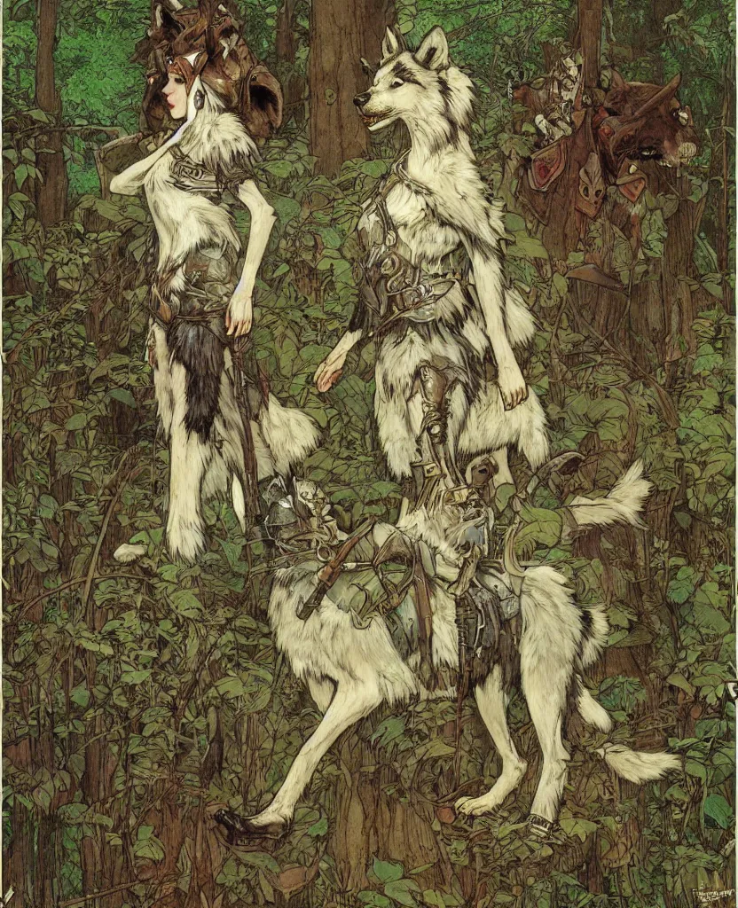 Image similar to portrait of Princess Mononoke, wolves, fully clothed in armor, lush forest, neon, concept art, schematics, painted by norman rockwell, mucha, james gurney, high detail, denoised, sharp, architectural