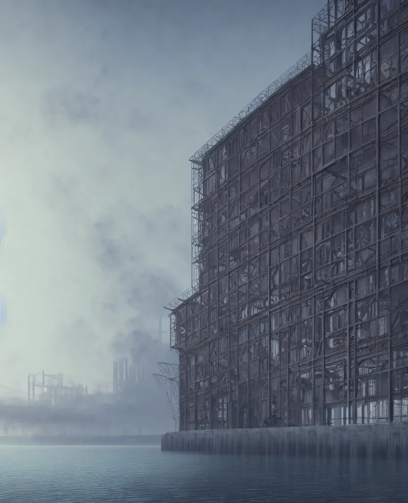 Prompt: a beautiful photorealistic render of mine industrial architecture architecture unfinished building by ivan aivazovsky, lake, archdaily, wallpaper, highly detailed, trending on artstation.