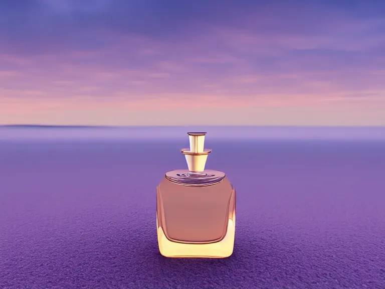 Image similar to perfume bottle standing on lilpadss in a deep blue frosted pond ; mute dramatic colours, soft blur outdoor stormy sea background, dramatic, mid day, sand dune background, soft lilac skies, large scale, hyperrealistic, lots of detail, realistic lighting, octane render, by wlop, artgerm, trending on artstation