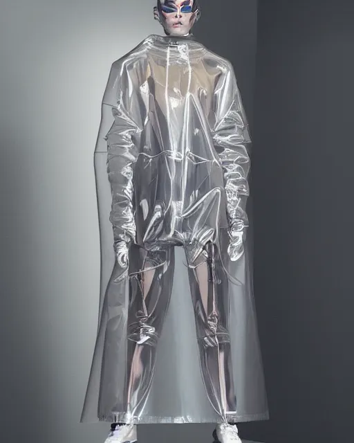 Image similar to an award winning fashion photograph of Balenciaga's transparent raincoat by Catherine Opie and Hajime Sorayama, Demna Gvasalia, cyberpunk, futuristic, Bladerunner 2049, dazzle camouflage!