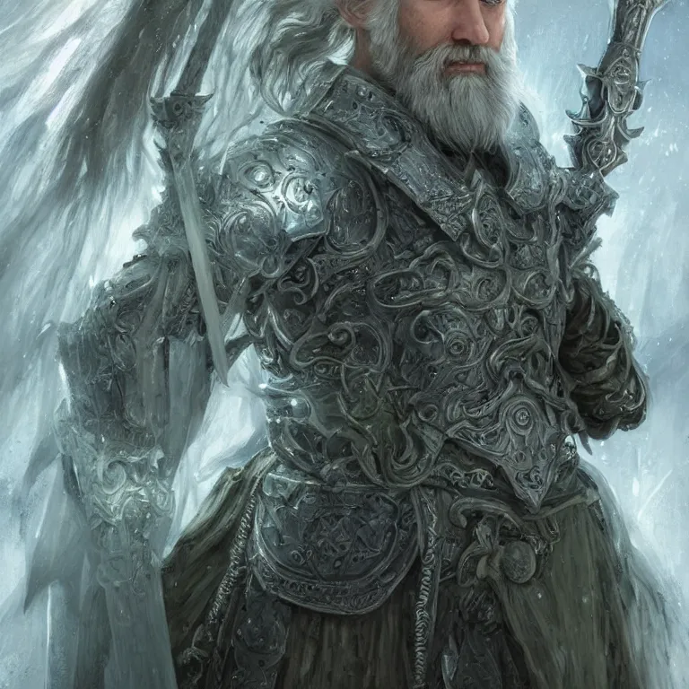 Prompt: Portrait of an Aasimar Paladin-Druid with glowing blue eyes, pale grey skin, silver full beard, and silver hair. He has a sword and wears green armor covered in moss. Epic fantasy art, award winning on Artstation, intricate, highly detailed, dramatic lighting, illustration, concept art, art by artgerm and greg rutkowski and alphonse mucha and ross tran, D&D, Dungeons and Dragons, Magic the Gathering.