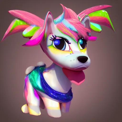 Prompt: 2d sparkle dog adoptable, Littlest Pet Shoppe, 3d model, with spikey hair, swirly bandana, Japanese dessert themes, Japanese ice cream cone themes, UHD, colored lineart, art by larienne, tomas kinkade, Ross draws, artgerm, yuchenchong, lots of colors, Artstation, Blender