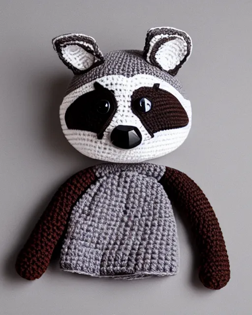 Image similar to a crocheted raccoon hat, very detailed, animal hat, cute details, product photo, promotional image, sharp focus, studio lighting. fzd school of design