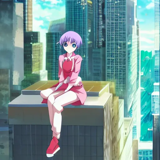 Prompt: Key Anime Visual a macro anime girl sitting on a miniature manhattan, official modern anime