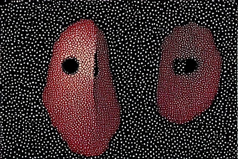 Image similar to black figure, faceless people dark, dots, drip, stipple, pointillism, technical, abstract, minimal, style of francis bacon, asymmetry, pulled apart, cloak, hooded cowl, made of dots, abstract, balaclava, colored dots, sploch