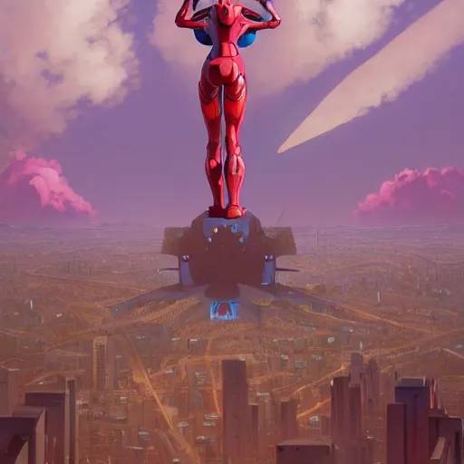 Image similar to giant evangelion stands over city by simon stalenhag, d & d, fantasy, digital painting, unreal engine 5, photorealism, hd quality, 8 k resolution, cinema 4 d, 3 d, cinematic, professional photography, art by artgerm and greg rutkowski and alphonse mucha and loish and wlop