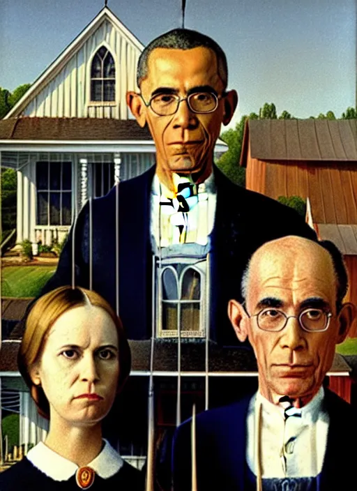 Prompt: obama in american gothic by grant wood