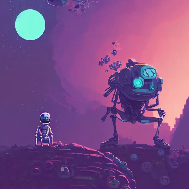 Image similar to a skeleton astronaut sitting on rock, surrounded by bio - luminescent, glowing peaceful serene sentient solarpunk, jungle. in the style of katamari damacy, scattered glowing pink fireflies, soft vaporwave liminal aesthetic. 3 d blender by tomer hanuka, greg rutkowski, beeple, sharp focus, digital painting, concept art