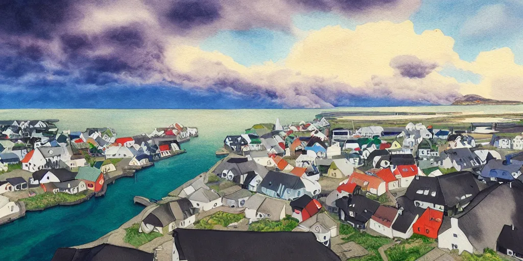 Prompt: a beautiful painting of a icelandic fishing village, storm clouds gathering over the town, by studio ghibli 8 k pastel colours, isometric drone shot smeared watercolours, golden light film grain