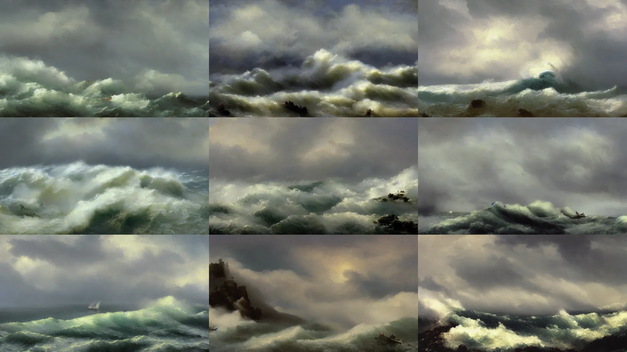 Prompt: painting in the style of Ivan Aivazovsky, Savrasov, Arkhip Kuindzhi and Frederick Judd Waugh, T Allen Lawson and Ian Fisher and Sidney Richard Percy, sea storm and big waves cliffs, coast, strong wind, road to the sea, low clouds after rain, wet grass and black stones, dream heavenly cloudy sky, horzon, hurricane stromy clouds, small village, forests and mountains at sunset sunrise, volumetric lighting, very beautiful scenery, pastel colors, ultra view angle view