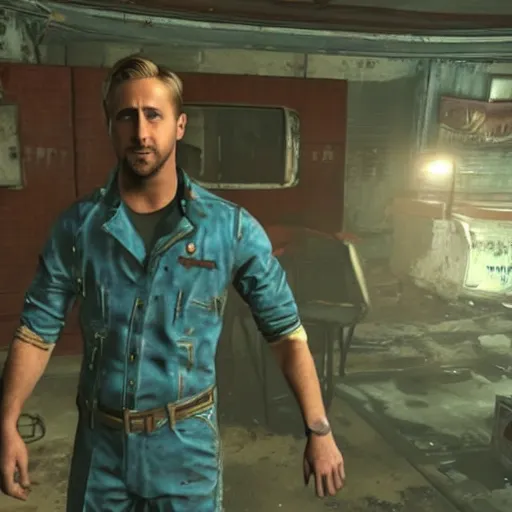 Prompt: ryan gosling kills a mutant in fallout 4