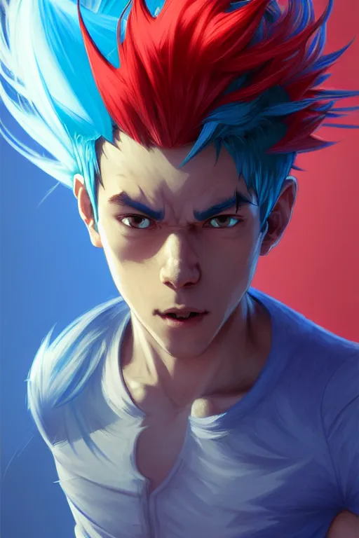Image similar to clear portrait of adventurous boy with blue hair, slightly spikey hair, red running shoes, fast runner, background hyper detailed, character concept, full body, dynamic pose, glowing lights!! intricate, elegant, highly detailed, digital painting, artstation, concept art, smooth, sharp focus, illustration, art by artgerm and greg rutkowski and alphonse mucha