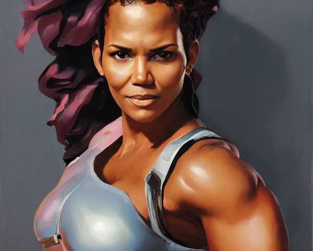 Image similar to greg manchess portrait painting of smug halle berry as beautiful thick female bodybuilder zarya from overwatch, medium shot, asymmetrical, profile picture, organic painting, sunny day, matte painting, bold shapes, hard edges, street art, trending on artstation, by huang guangjian and gil elvgren and sachin teng