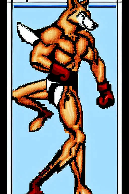 Image similar to extreme long shot. 8 bit nes graphics. antropomorphic muscular masculine wolf. kickboxer fighter, in shorts. wolf head. furr on body. art from nes game cartridge