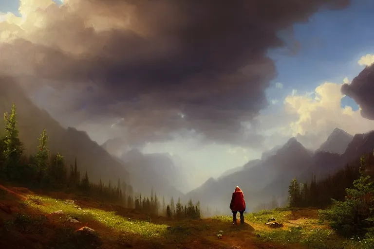 Image similar to a traveler wandering trough the mountains looking at the clouds, very detailed, oil painting, cinematic lighting, neo-romanticism, albert bierstadt, trending on artstation, colorful