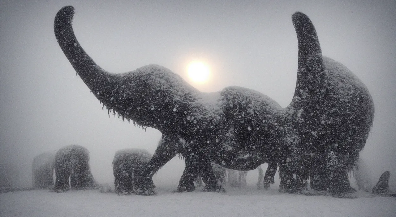 Prompt: “photo of one biomechanical mammoth in an arctic storm with fog and blizzard, the mammoth drags old coal wagons with snow, it's a sunset photo with cold tones, some people around ”