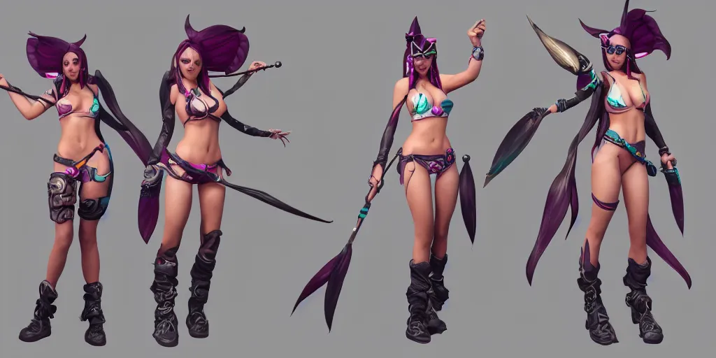 Prompt: beautiful character sheet of pool party Akali (wild rift). 3d render, octane render, realistic, highly detailed, trending on artstation