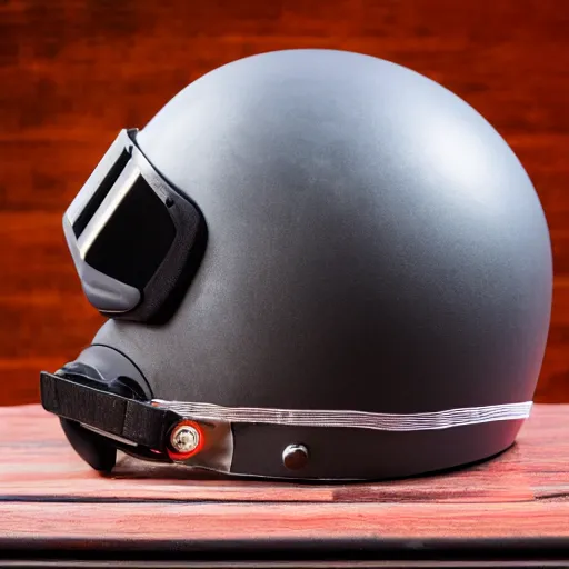 Prompt: a motorcycle hmd helmet in the style of a 1 9 8 0 s grey aged cassette tape player. cyberdeck. product photography