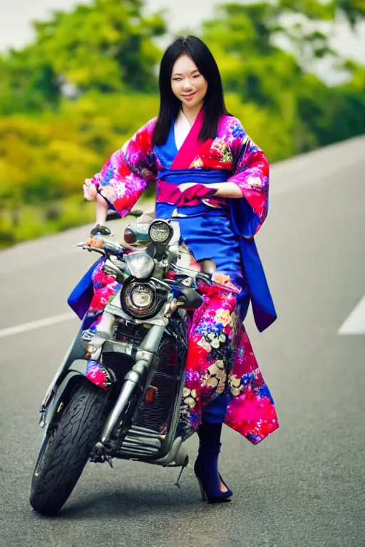 Prompt: full - length photo, young woman, riding a motorcycle, wearing japanese kimono, high heels, 4 k, colourful