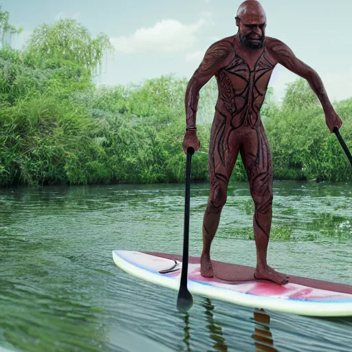 Prompt: mr worf paddleboarding in swamp by highway man painting, photorealistic, high resolution, vray, hdr, hyper detailed, insane details, intricate, elite, ornate, elegant, luxury, dramatic lighting, octane render, weta digital, micro details, 3 d sculpture