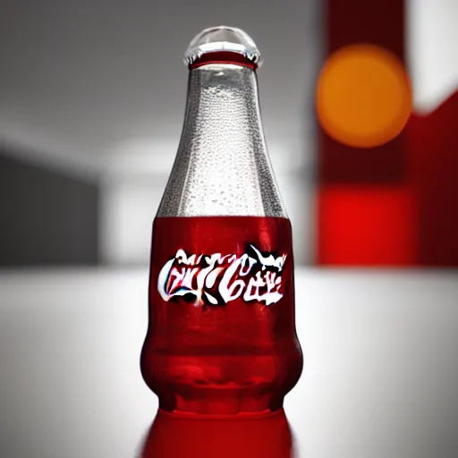 Image similar to bottle of coca - cola, droplets flow down the bottle, soft warm light, ultra quality, super detail, play of light, yellow light shining through, focus unreal engine 5,