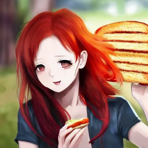 Image similar to a girl eating a sandwich, red hair, anime art, detailed, hd, smooth