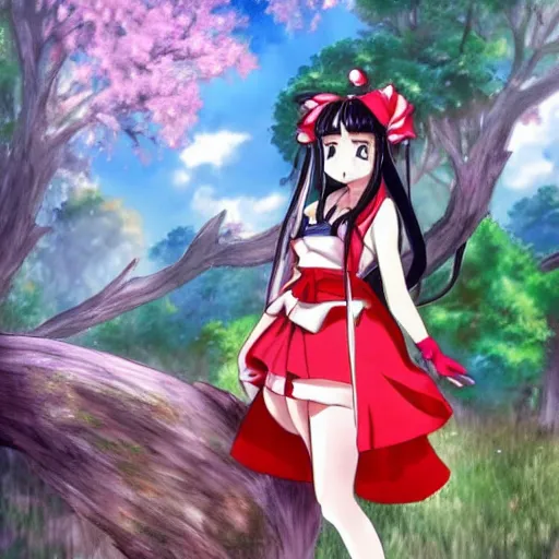 Image similar to a professional anime drawing of reimu in the jungle wearing bonnet