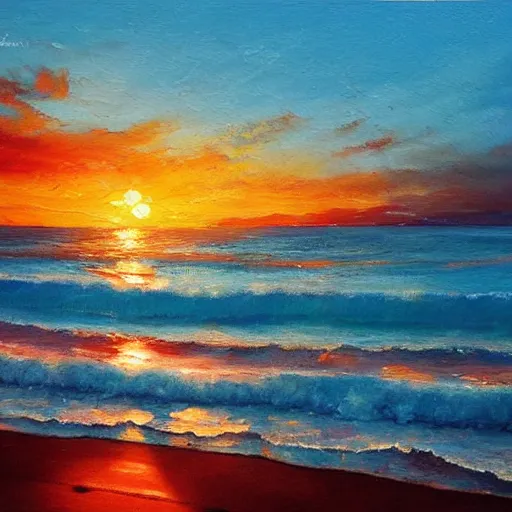 Prompt: The sunset light shines on the sea, sparkling, warm tones, oil painting
