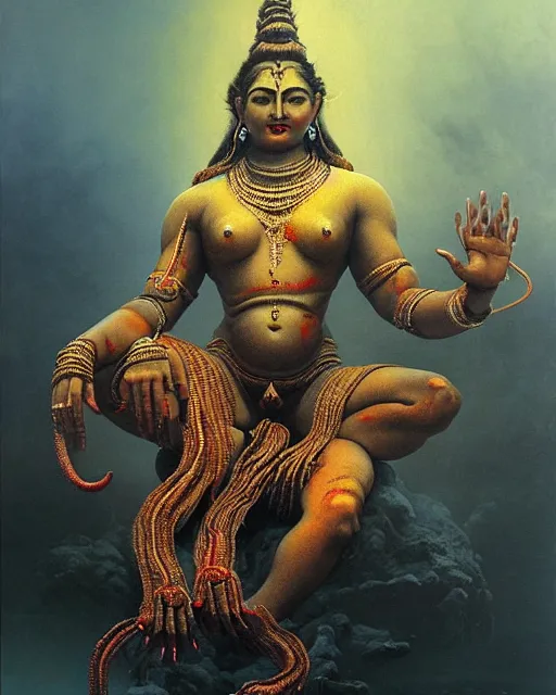 Prompt: One many-armed Shiva. Background in the colors of gasoline spilled on the water. Drops of blood. High detail, hyperrealism, masterpiece, close-up, ceremonial portrait, solo, rich deep colors, realistic, art by Yoshitaka Amano, Ivan Aivazovsky, Giger