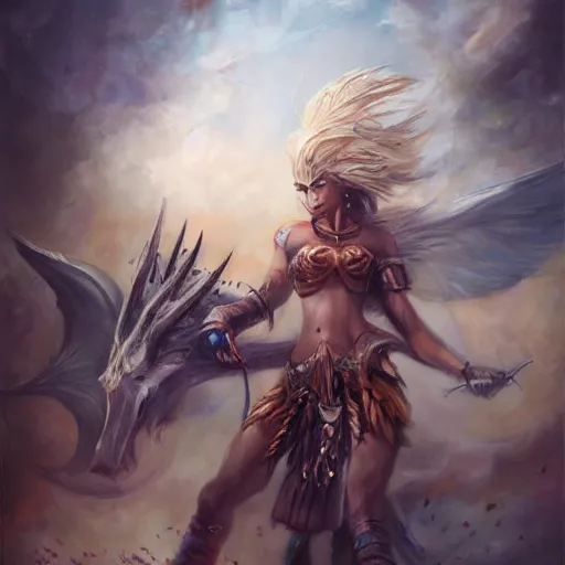 Prompt: Powerful battle between mythical creatures painted by Astri lohne