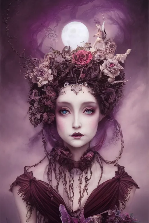 Image similar to breathtakingly beautiful painting of an elegant Gothic Lolita woman, beautiful hair, symmetrical face, moonlit purple sky, matte painting by brian froud, Shaun Tan , WLO and Peter Mohrbacher, highly detailed, intricate, ,award winning artwork, trending on artstation, high quality printing, fine art with subtle redshift rendering