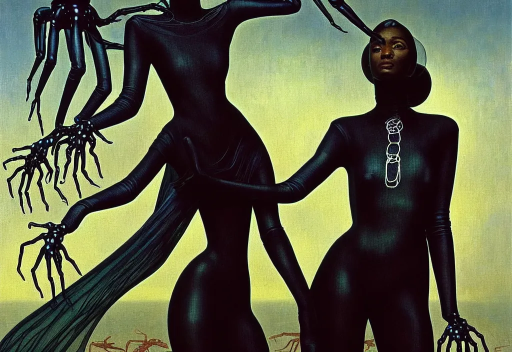 Prompt: realistic detailed portrait movie shot of a beautiful black woman in a transparent sheer suit raincoat dancing with a giant spider, futuristic sci fi landscape background by denis villeneuve, jean delville, monia merlo, yves tanguy, ernst haeckel, alphonse mucha, max ernst, caravaggio, roger dean, sci fi necklace, masterpiece, dreamy, rich moody colours