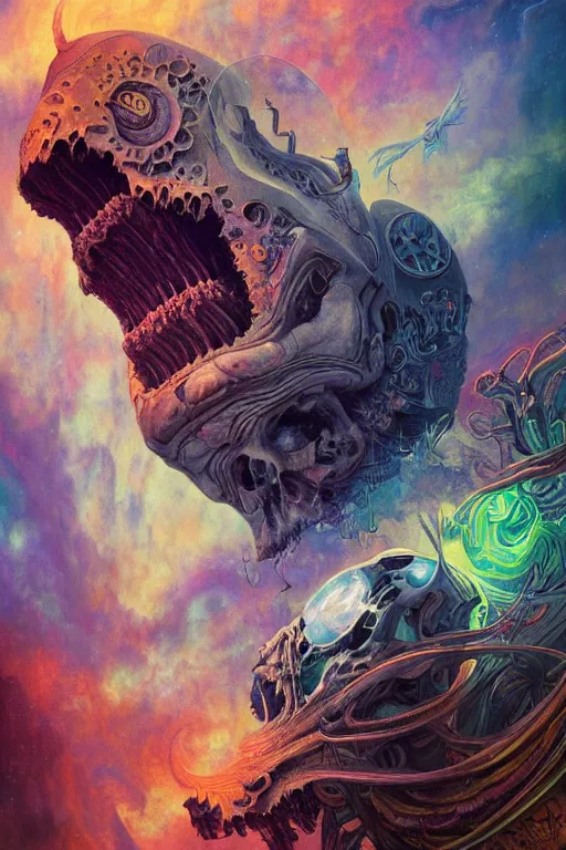 Prompt: gigantic psychedelic demonic cosmic skull of death, outer space, fantasy painting, ultra realistic, dmt, symmetrical, wide angle, intricate details, digital painting, rainbowshift, vivid colors, highly detailed by peter mohrbacher, h. r. giger, maxfield parrish, alphonse mucha, craig mullins, octane render, cgi