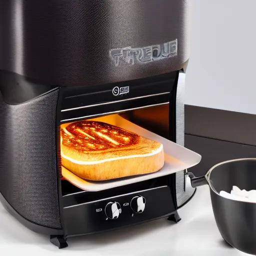 Image similar to a studio product photo of a streamline futuristic toaster