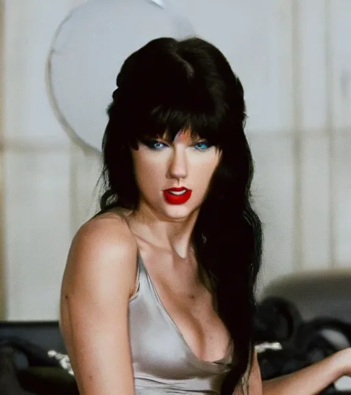 Prompt: a movie still of taylor swift as elvira in the movie scarface 2 0 4 9